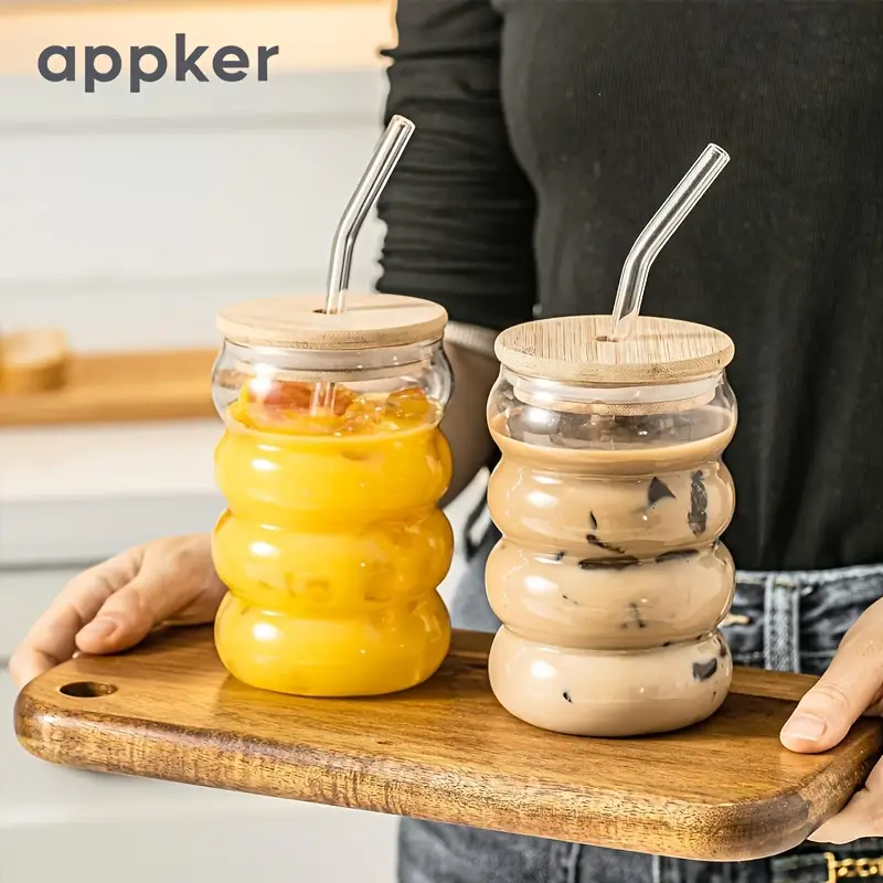 Glass Tumblr With Wooden Lid And Straw