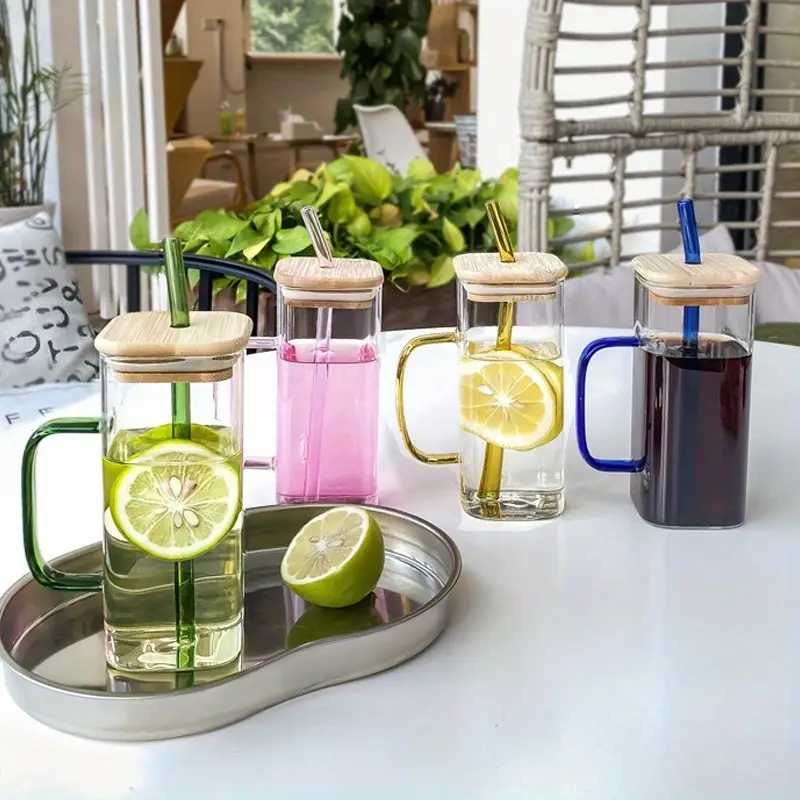 1pcs Square Glass Water Cup Lid and Straw - Image 2