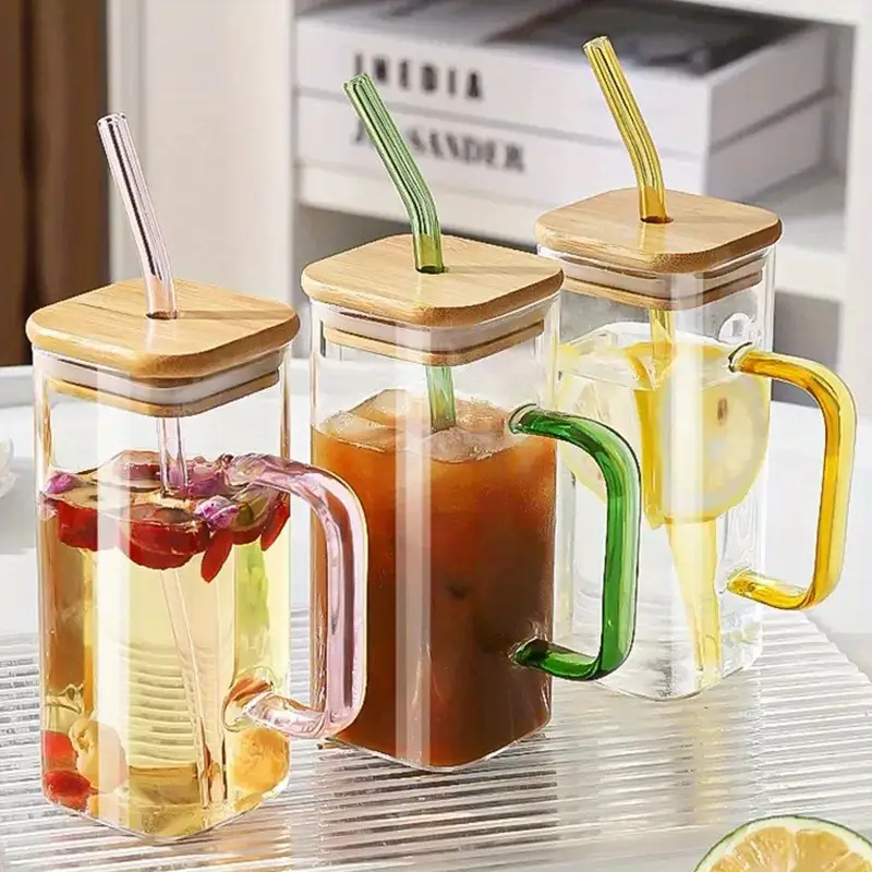 1pcs Square Glass Water Cup Lid and Straw