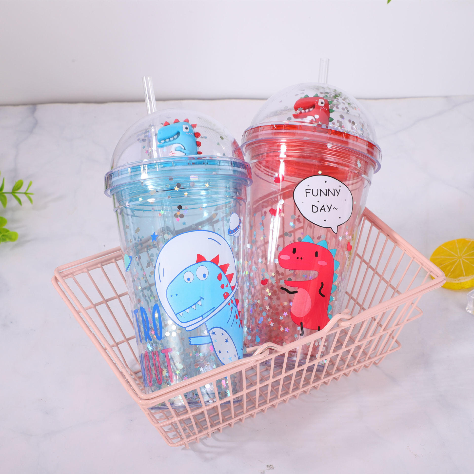 Dinosaur Cute Plastic Double Walled straw cup