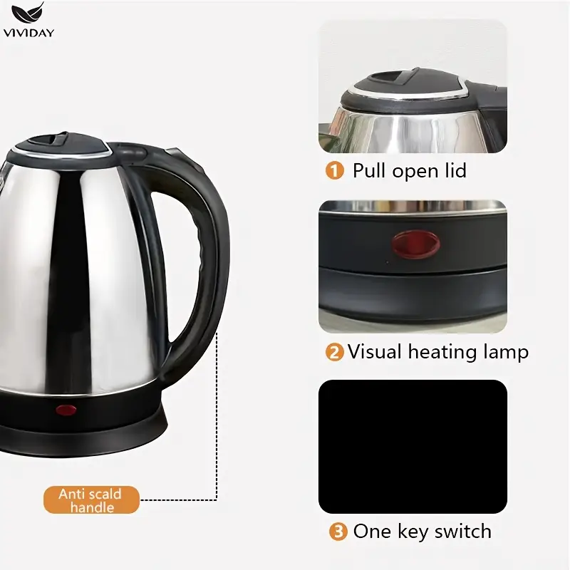 Stainless Steel Electric Kettle - Large Capacity, Durable & Portable for Home, Office, - Image 3