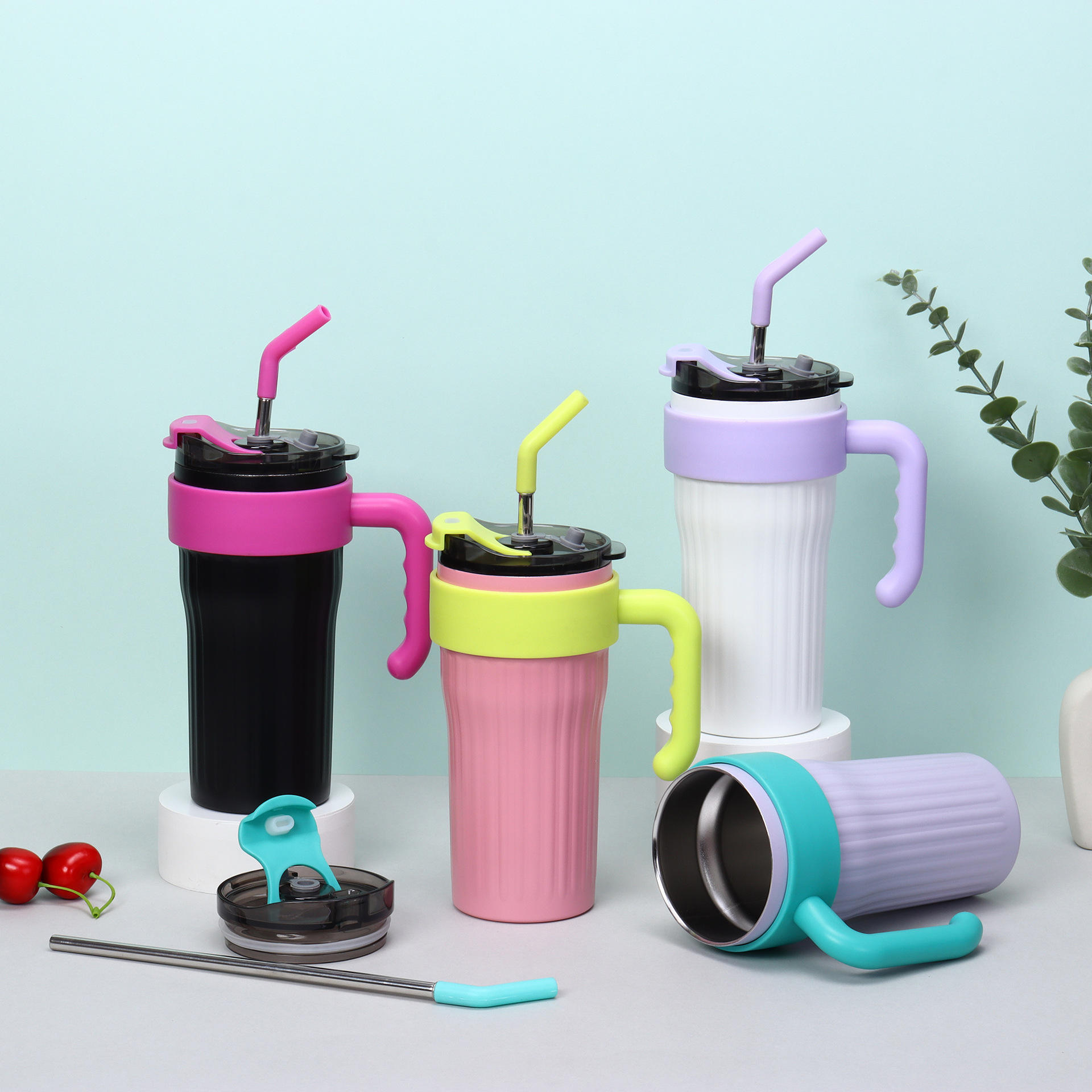 Stainless Steel Insulated Tumblers with Silicone Grips and Straws